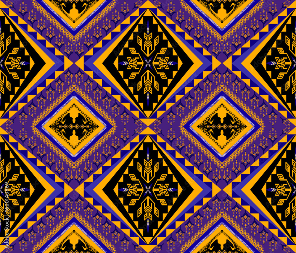Ethnic folk geometric seamless pattern in yellow and purple vector illustration design for fabric, mat, carpet, scarf, wrapping paper, tile and more Ethnic folk geometric seamless pattern in yellow and purple vector illustration design for fabric, mat, carpet, scarf, wrapping paper, tile and more