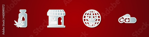 Set Marijuana or cannabis leaf oil, and store, Legalize marijuana and Medical pills with icon. Vector