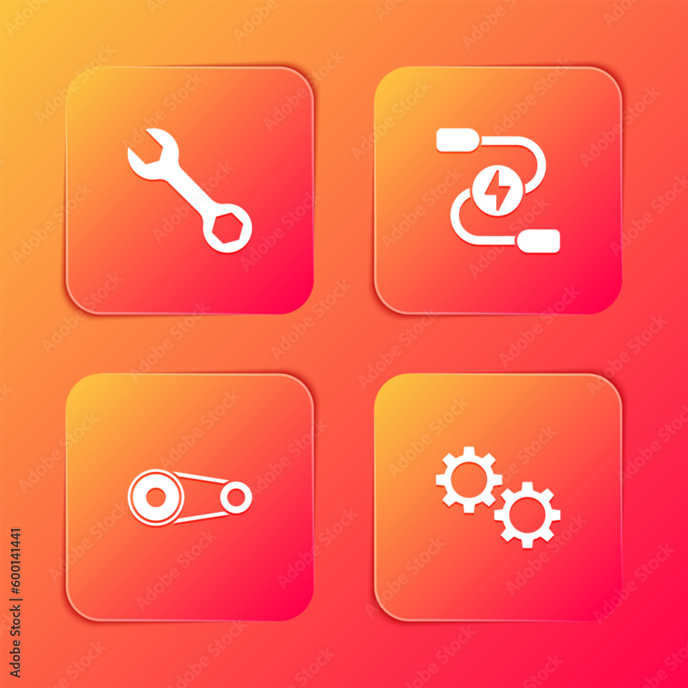 Set Wrench spanner, Car battery jumper power cable, Timing belt kit and Gear icon. Vector Set Wrench spanner, Car battery jumper power cable, Timing belt kit and Gear icon. Vector