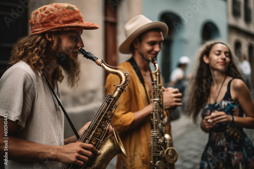 A street performer playing the saxophone in the street. Generative AI