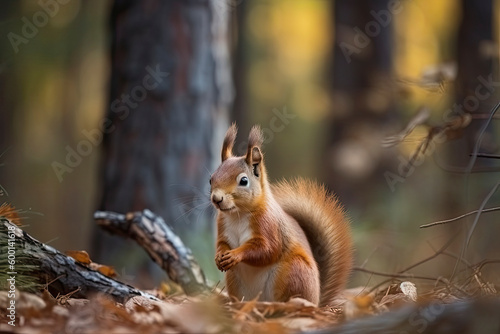The Eurasian red squirrel (Sciurus vulgaris) in its natural habitat in the autumn forest © surassawadee