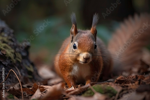 The Eurasian red squirrel (Sciurus vulgaris) in its natural habitat in the autumn forest