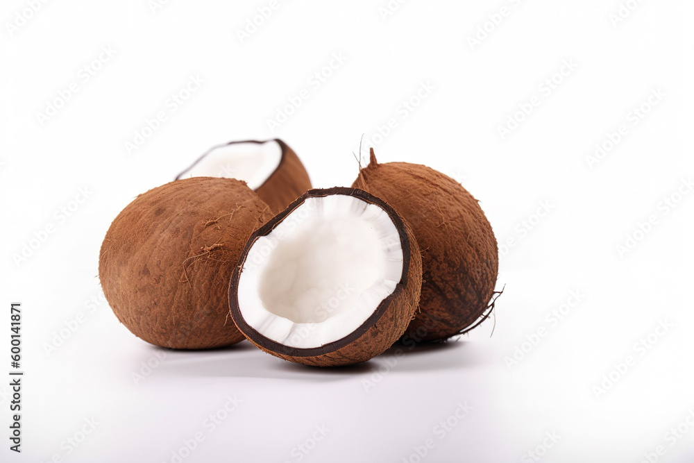 a whole and a half coconut on a white surface. Created with Generative AI Technology a whole and a half coconut on a white surface. Created with Generative AI Technology
