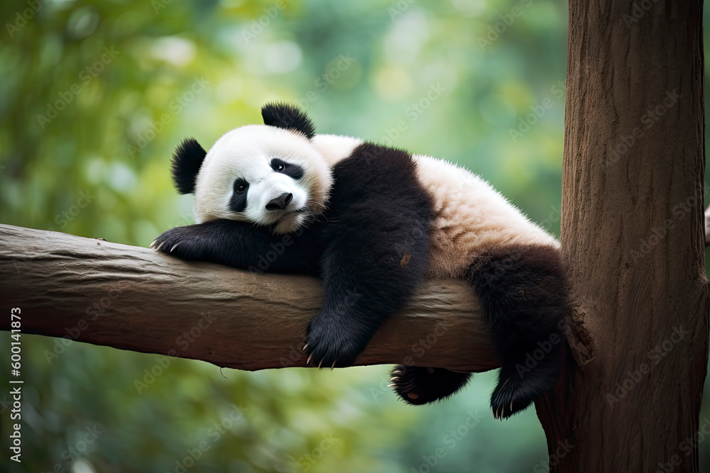 Obraz premium Panda Bear Sleeping on a Tree Branch, China Wildlife