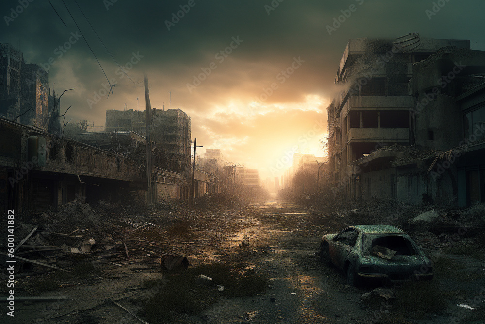 Bombarded abandoned city. Generative AI