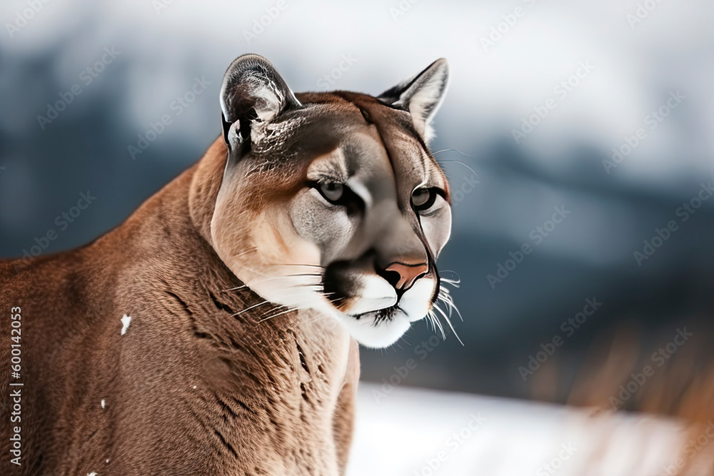 Naklejka premium Portrait of a cougar, mountain lion, puma, Winter mountains