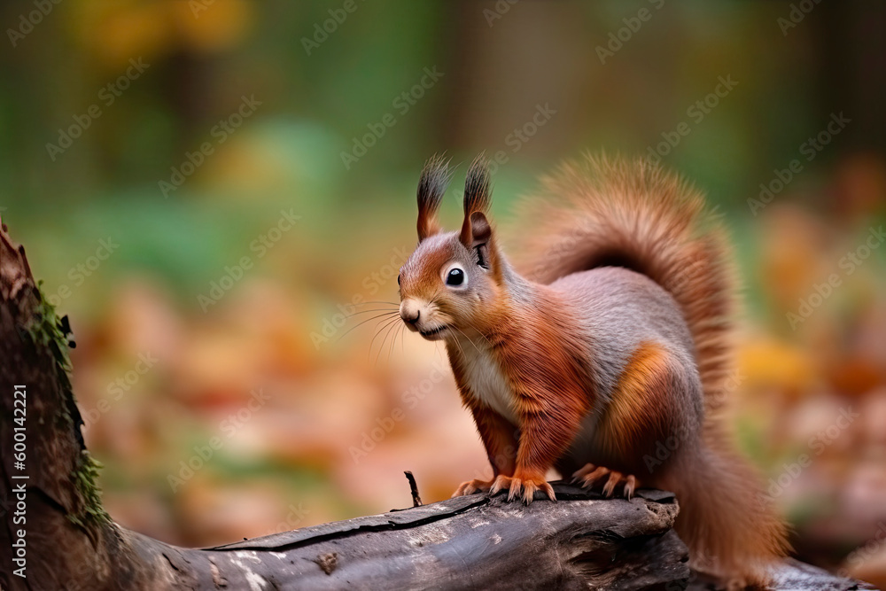 The Eurasian red squirrel (Sciurus vulgaris) in its natural habitat in the autumn forest The Eurasian red squirrel (Sciurus vulgaris) in its natural habitat in the autumn forest