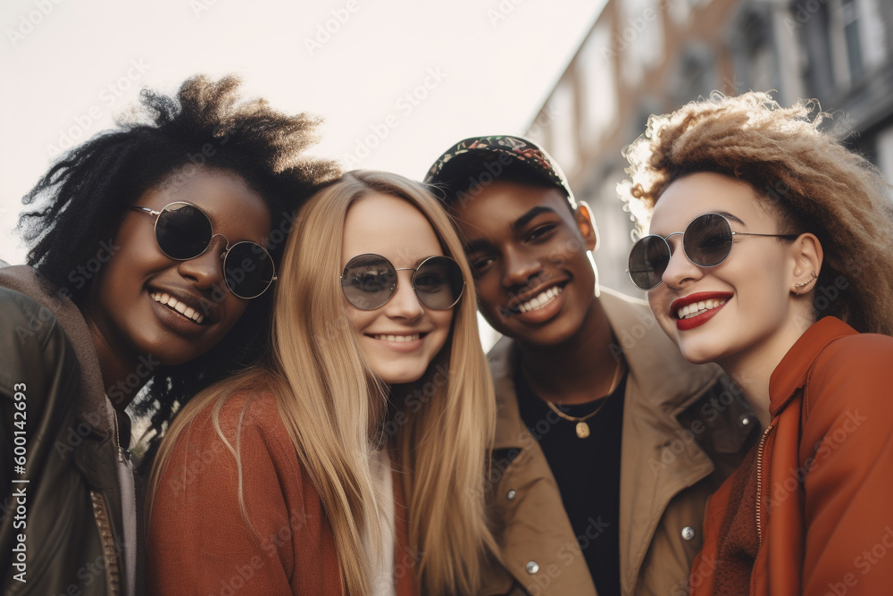 A group of happy young friends of different races hanging out together in the city and smiling. Generative AI