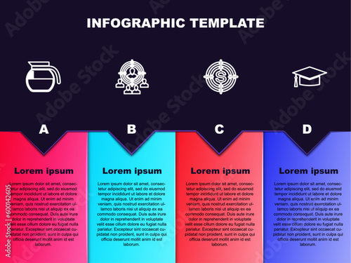 Set line Coffee pot, Marketing target strategy, Target with dollar and Graduation cap. Business infographic template. Vector