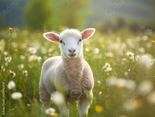 A small, white lamb walks through a flower field. Generative AI.