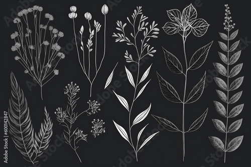 Black and white hand drawn ink decorative vegetal elements isolated. Generative AI