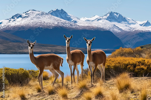 Three guanacoes in Torres del Paine national park