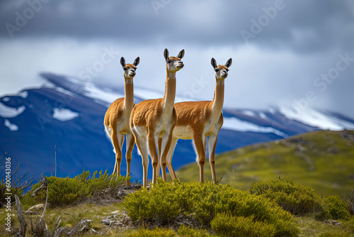 Three guanacoes in Torres del Paine national park