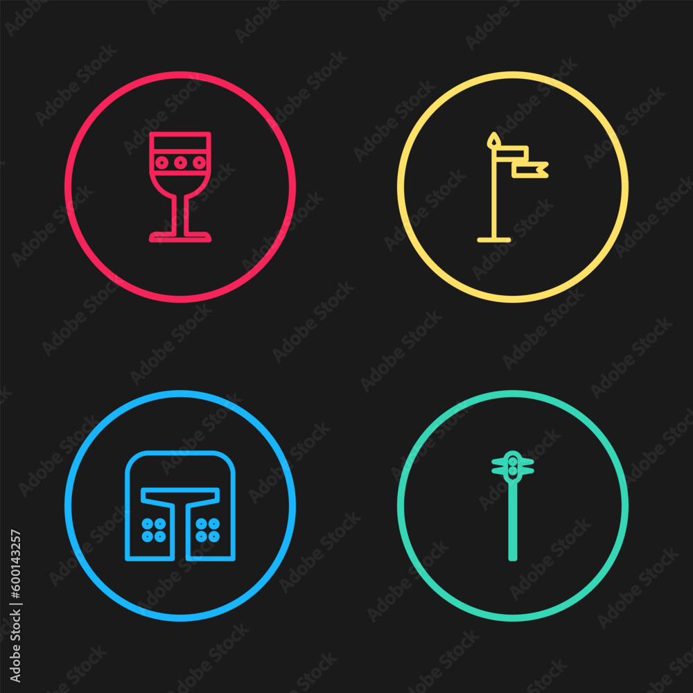 Set line Medieval iron helmet, chained mace ball, flag and goblet icon. Vector Set line Medieval iron helmet, chained mace ball, flag and goblet icon. Vector