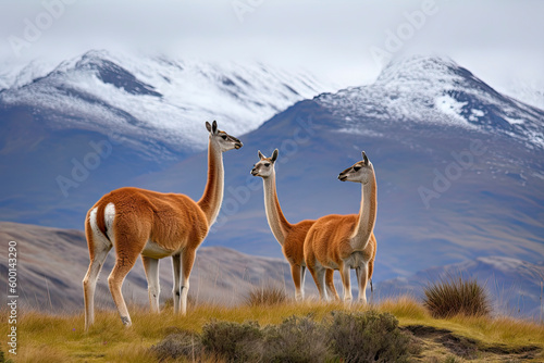 Three guanacoes in Torres del Paine national park