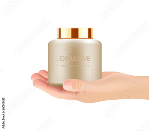 Young woman's hand holding realistic jar of cream for skin care , skin care products and advertising materials, vector illustration.