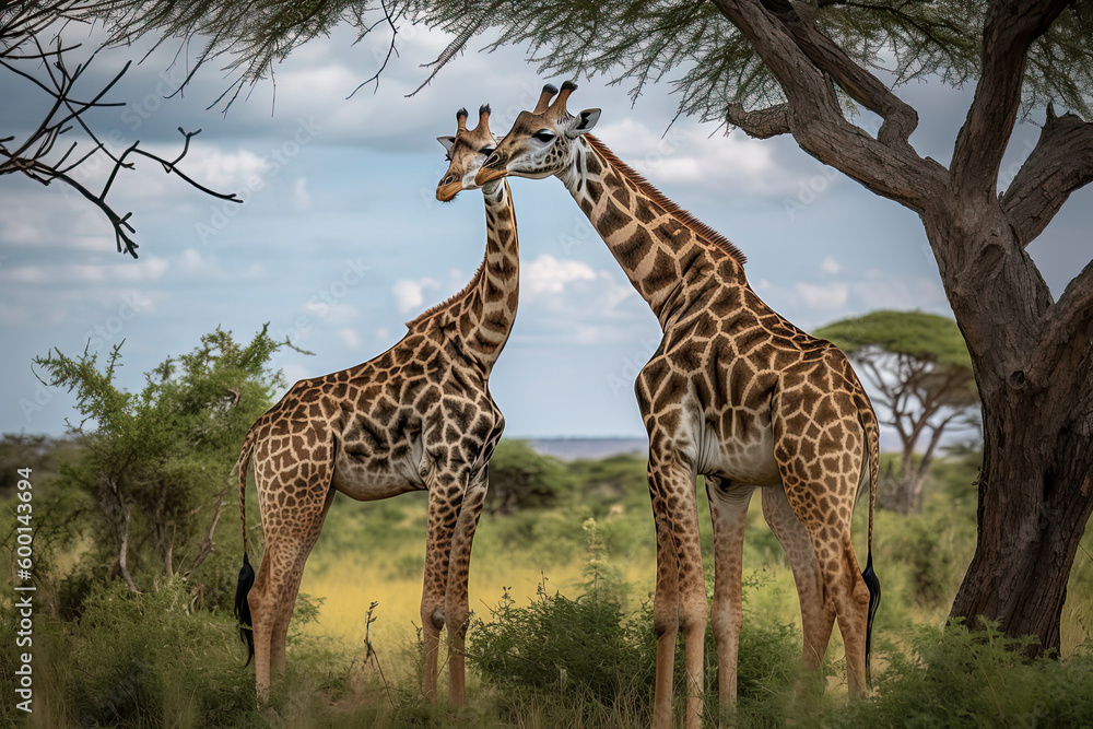 Two Maasai giraffe, male and female, grazing from an acacia tree in the Masai Mara, Kenya. Two Maasai giraffe, male and female, grazing from an acacia tree in the Masai Mara, Kenya.