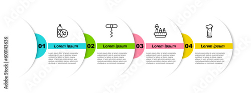 Set line Beer bottle, Wine corkscrew, Conveyor band, beer and Glass of. Business infographic template. Vector