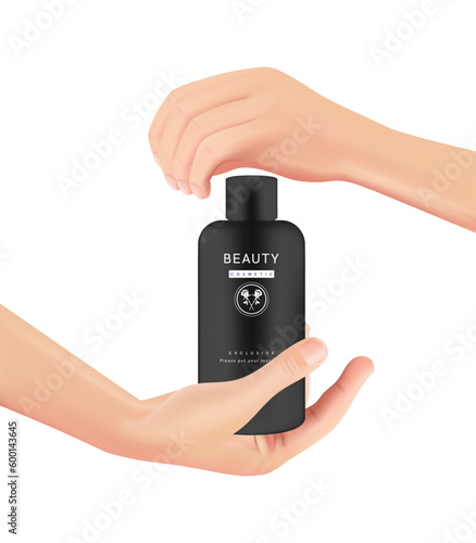Hands up, holding beauty products isolated on white background, 3D vertical banner style, holding bottles of lotion, shampoo, beauty products.