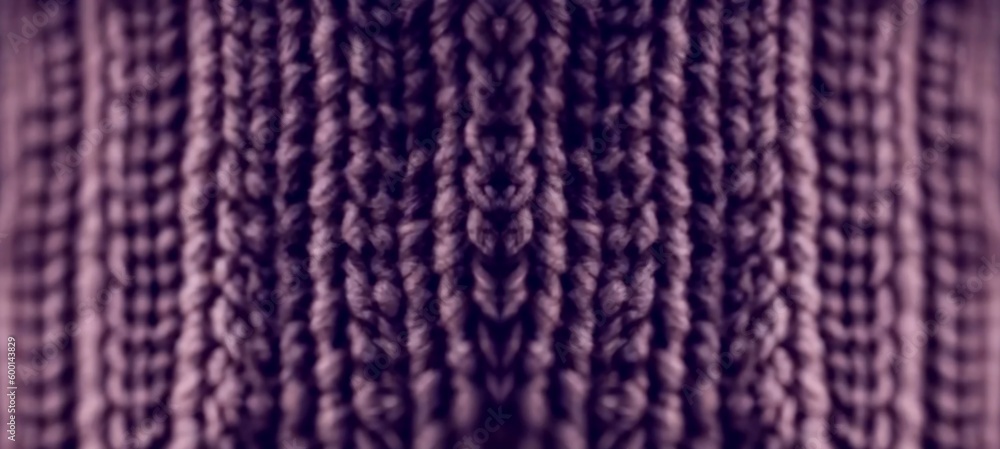 Lilac color toned knitted closeup defocus texture. AI graphic banner.
