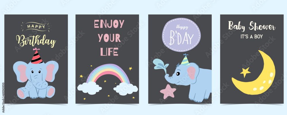 Baby elephant postcard with cloud, rainbow, moon for birthday postcard