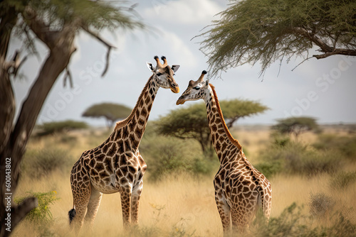 Two Maasai giraffe, male and female, grazing from an acacia tree in the Masai Mara, Kenya.