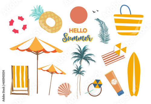 Summer object with beach,sea,tree,sun,chair for postcard