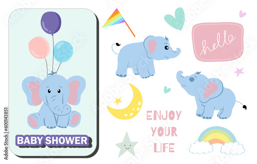 Baby elephant object with star,heart,moon,rainbow for birthday postcard