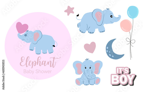 Baby elephant object with star,heart,balloon for birthday postcard