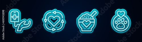 Set line Blood donation, Volunteer, Donation food and Heart with animals footprint. Glowing neon icon. Vector