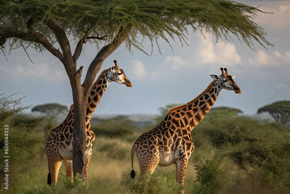 Obraz premium Two Maasai giraffe, male and female, grazing from an acacia tree in the Masai Mara, Kenya.