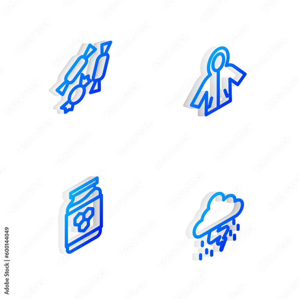 Set Isometric line Raincoat, Candy, Jar of honey and Storm icon. Vector Set Isometric line Raincoat, Candy, Jar of honey and Storm icon. Vector