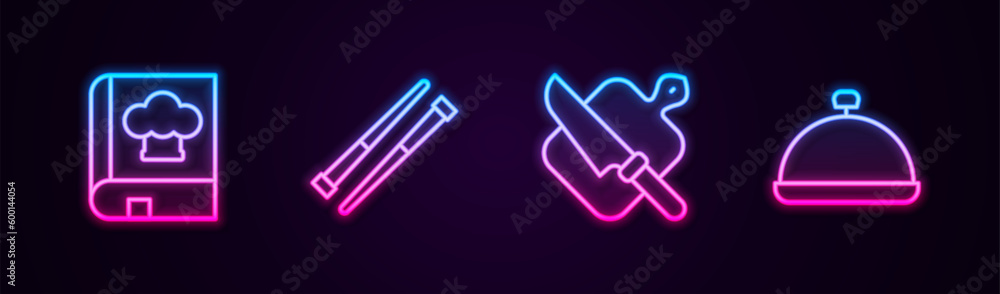 Set line Cookbook, Food chopsticks, Cutting board and knife and Covered with tray of food. Glowing neon icon. Vector Set line Cookbook, Food chopsticks, Cutting board and knife and Covered with tray of food. Glowing neon icon. Vector