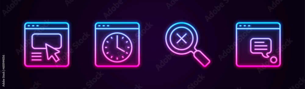 Set line UI or UX design, Browser window, Magnifying glass and delete and New chat messages notification. Glowing neon icon. Vector Set line UI or UX design, Browser window, Magnifying glass and delete and New chat messages notification. Glowing neon icon. Vector