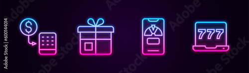 Set line Casino chips exchange, Gift box, Lucky wheel on phone and Laptop and slot machine. Glowing neon icon. Vector