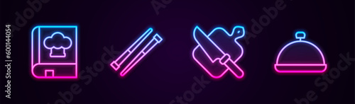 Set line Cookbook, Food chopsticks, Cutting board and knife and Covered with tray of food. Glowing neon icon. Vector