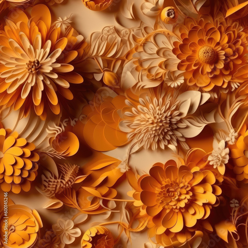 Orange 3D Floral Seamless Paper Patterns - Generative AI