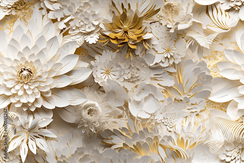 White and Gold  Wedding  3D Floral Seamless Paper Patterns - Generative AI