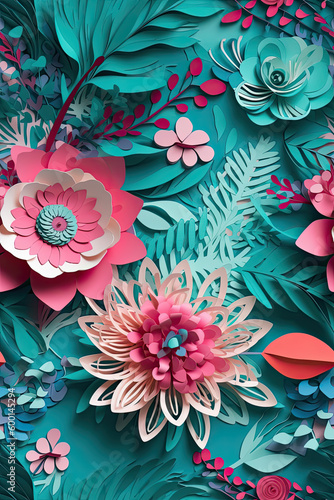 Pink & Blue 3D Floral Seamless Paper Patterns - Generative AI