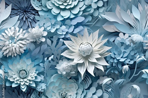 Pale Blue 3D Floral Seamless Paper Patterns - Generative AI