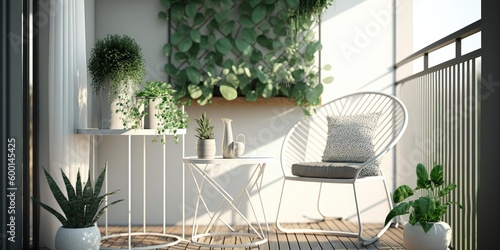 Tela Modern balcony sitting area decorated with green plant and white wall