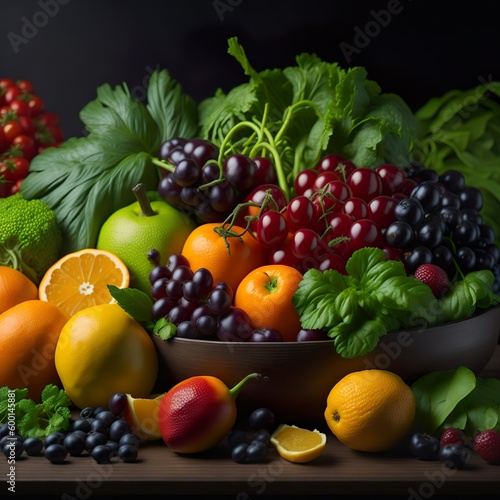 A vibrant and colorful assortment of fresh fruits and vegetables  symbolizing the arrival of spring and the agricultural significance of Passover. The produce includes juicy oranges  br  Generative AI