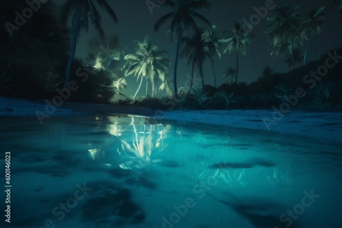 paradise ocean blue luminous beach night sky palm vacation tropical tree. Generative AI.