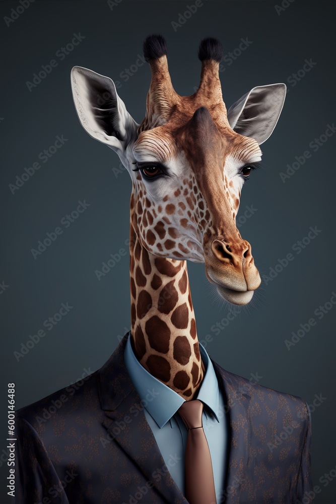 Studio photo portrait of a happy giraffe in hipster clothes working on laptop, concept of Vibrant Colors and Creative Pose, created with Generative AI