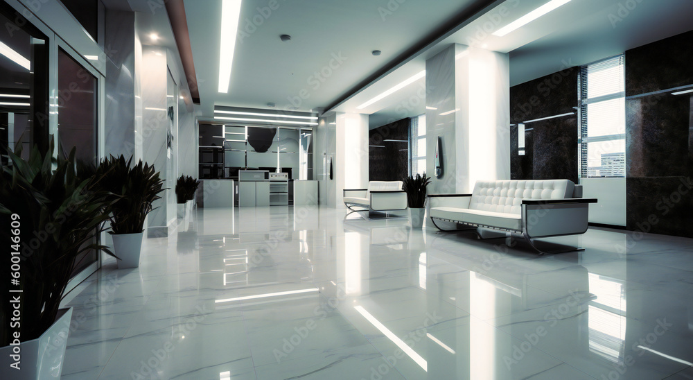 lobby of an office with lots of white furniture