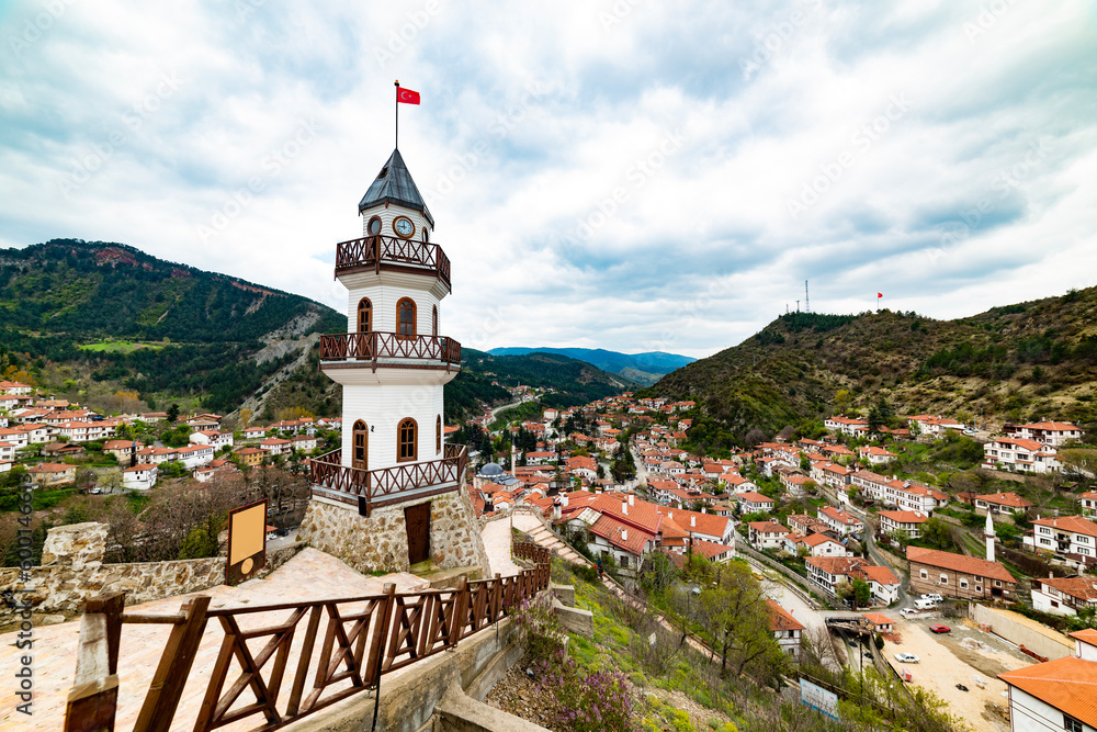 Goynuk District of Bolu, Turkey. The Victory Tower (Zafer Kulesi) with Goynuk view. Beautiful landscape of Goynuk with traditional historical houses.