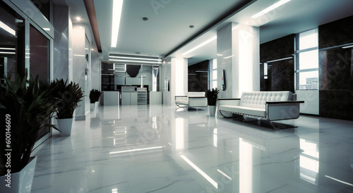 lobby of an office with lots of white furniture