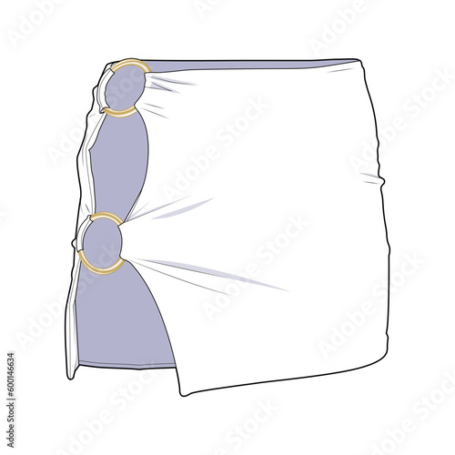 Mini skirt front view fashion flat sketch for Tech Pack. Summer collection with metal golden rings, CAD drawing, black and white, vector graphics for garment production apparel brand, womenswear