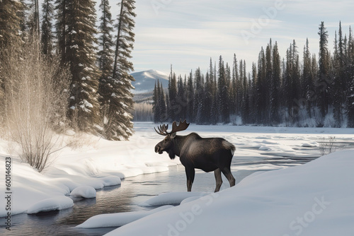 A moose in snow in Jasper National Park © surassawadee
