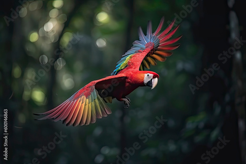 Red hybrid parrot in forest. Macaw parrot flying in dark green vegetation © surassawadee
